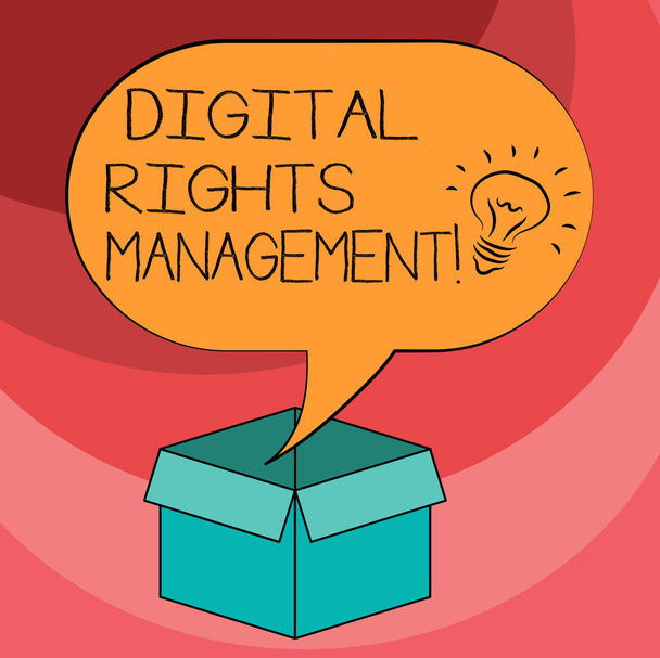 Text sign showing Digital Rights Management. Conceptual photo approach to copyright protection for digital media Idea icon Inside Blank Halftone Speech Bubble Over an Open Carton Box. - Photo, Image