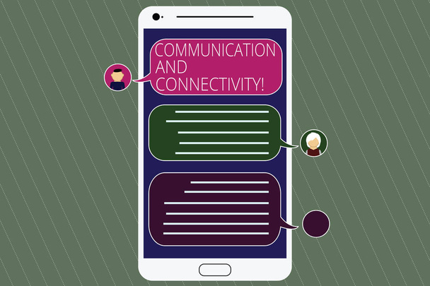 Handwriting text Communication And Connectivity. Concept meaning social connections through network systems Mobile Messenger Screen with Chat Heads and Blank Color Speech Bubbles. - Photo, Image