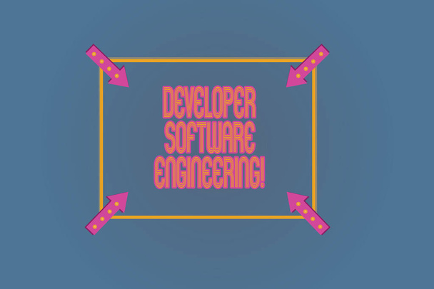 Conceptual hand writing showing Developer Software Engineering. Business photo text Forming software base on engineering standard Square Outline with Corner Arrows Pointing on Color Background. - Photo, Image