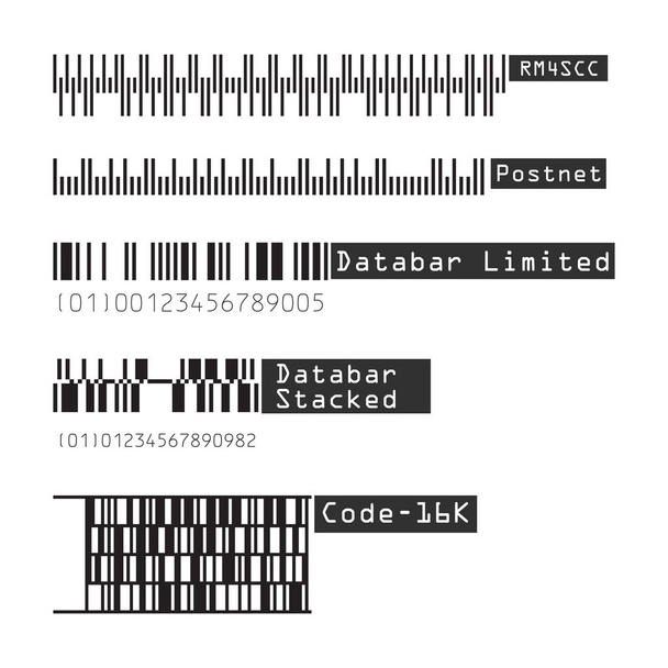 Zakelijke barcodes en Qr codes vector set. Rm4scc, Postnet, Databar Limited, gestapeld, Code 16k. Zwart gestreepte code voor digitale identificatie, illustratie van zwart-wit design - Vector, afbeelding