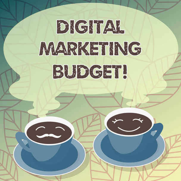 Fogalmi kézi írás, mutatja a digitális Marketing-költségvetés. Üzleti fénykép szöveg költséget kell népszerűsíteni kupa csészealj az ő, és övé kávé arc ikonra a Steam. - Fotó, kép