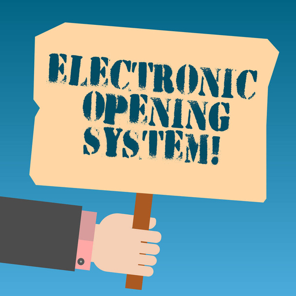 Writing note showing Electronic Opening System. Business photo showcasing Electronic access control system Keycards Hu analysis Hand Holding Colored Placard with Stick Text Space. - Photo, Image
