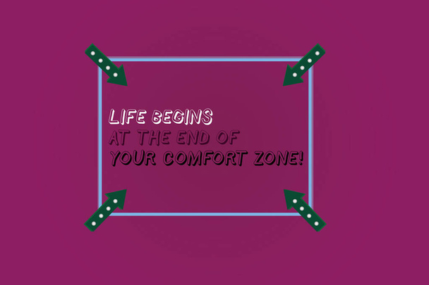 Word writing text Life Begins At The End Of Your Comfort Zone. Business concept for Make changes evolve grow Square Outline with Corner Arrows Pointing Inwards on Color Background. - Photo, Image