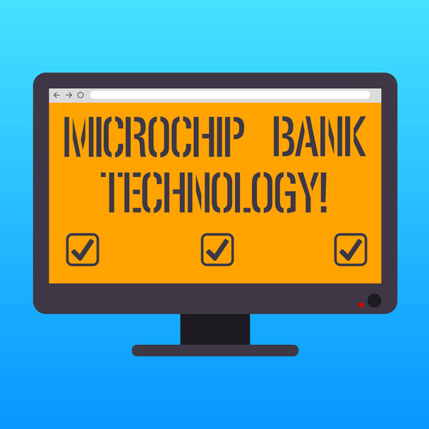 A kézírás szöveg írás Microchip Bank technológia. Koncepció értelmében bináris ügyletek banki alap és a megtakarítások üres számítógép asztali Monitor színes képernyő szerelt a haladás büfé. - Fotó, kép