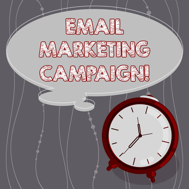 Text sign showing Email Marketing Campaign. Conceptual photo Email sent to a potential or current customer Blank Color Thought Speech Bubble with Outline and Alarm Clock photo. - Photo, Image