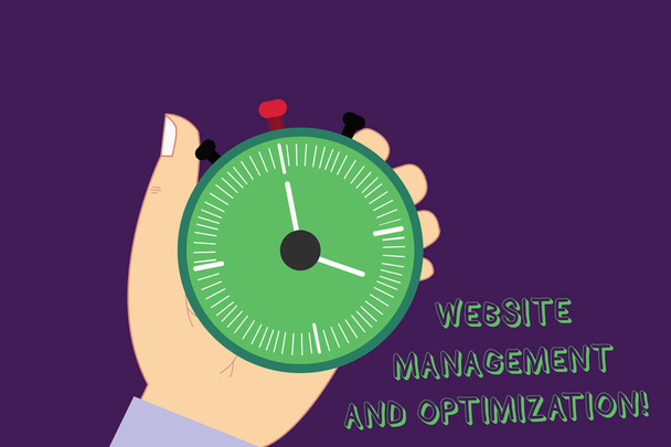 Word writing text Website Management And Optimization. Business concept for SEO optimizing online contents Hu analysis Hand Holding Mechanical Stop Watch Timer with Start Stop Button. - Photo, Image