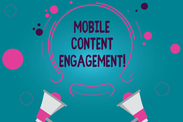 Conceptual hand writing showing Mobile Content Engagement. Business photo text Pushing compelling experiences to mobile users Two Megaphone and Circular Outline with Small on Color Background. - Photo, Image