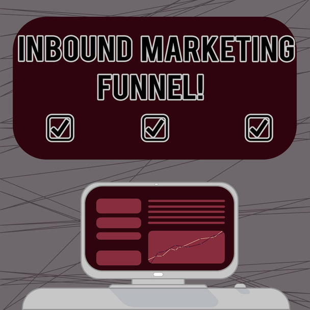 Word writing text Inbound Marketing Funnel. Business concept for process of attracting a large amount of prospects Mounted Computer Screen with Line Graph on Desk Blank Color Text Box. - Photo, Image