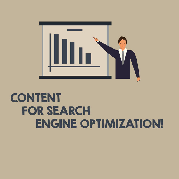 Writing note showing Content For Search Engine Optimization. Business photo showcasing SEO digital marketing strategies Man in Business Suit Pointing a Board Bar Chart Copy Space. - Photo, Image