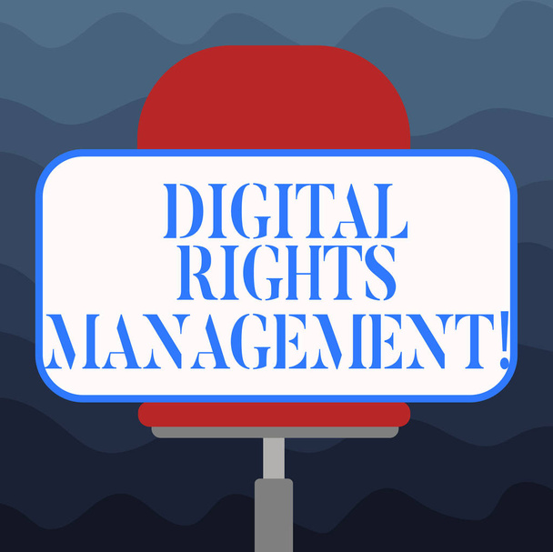 Writing note showing Digital Rights Management. Business photo showcasing approach to copyright protection for digital media Blank Rectangular Shape Sticker Sitting Horizontally on a Swivel Chair. - Photo, Image