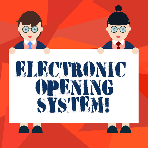 Word writing text Electronic Opening System. Business concept for Electronic access control system Keycards Male and Female in Uniform Standing Holding Blank Placard Banner Text Space. - Photo, Image