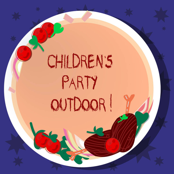 Word writing text Children S Is Party Outdoor. Business concept for Kids festivity held outside the house Hand Drawn Lamb Chops Herb Spice Cherry Tomatoes on Blank Color Plate. - Photo, Image