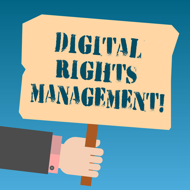 Writing note showing Digital Rights Management. Business photo showcasing approach to copyright protection for digital media Hu analysis Hand Holding Colored Placard with Stick Text Space. - Photo, Image