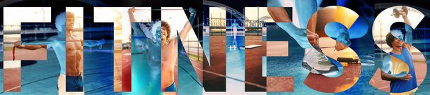 Collage of handsome shirtless man exercising outdoors. Negative and positive picture processing. Upper-case fitness over the picture. - Photo, Image