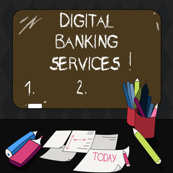 Text sign showing Digital Banking Services. Conceptual photo Digitization of all the outmoded banking activities Mounted Blank Color Blackboard with Chalk and Writing Tools Sheets on Desk. - Photo, Image