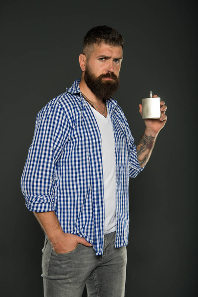 Mature hipster with beard. brutal caucasian hipster with moustache. Facial care. man presenting perfume product. aroma and smell. Male fashion. Bearded man. Shaving with fun. Making hair look magical - Photo, image