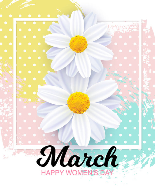 8 March, Happy Womens day card with realistic flowers and hand drawn textured background - Вектор, зображення