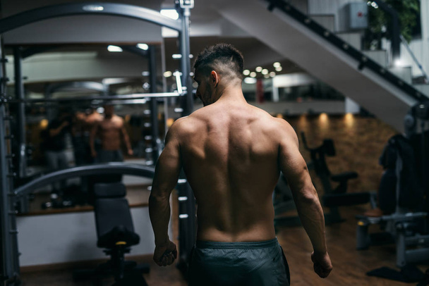 Caucasian muscular shirtless man posing in the gym. Backs turned. - Φωτογραφία, εικόνα