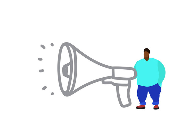 hombre gordo cerca megáfono altavoz africano americano locutor concepto de marketing digital personaje de dibujos animados masculinos esbozo de longitud completa doodle vector aislado ilustración
 - Vector, Imagen
