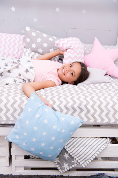 small kid fashion. International childrens day. Childhood happiness. small girl child with perfect hair. Happy little girl. Beauty and fashion. pajama party. first sleep then play - Foto, Imagen
