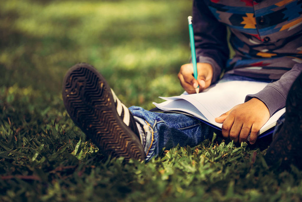Маленький школьник пишет на блокноте карандашом, сидя на зеленой траве в парке. Концепция детского образования
. - Фото, изображение