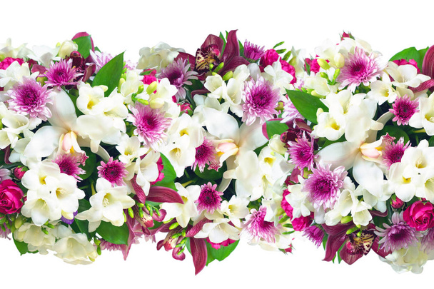 Background with a bouquet of flowers. Place to insert text. Flowers freesia, roses, orchids. - Photo, Image