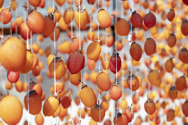 Suszone persimmon jest suszony według tradycyjnej technologii japońskiej stosowanej w da lat, Wietnam. Są one zawieszone na platformie w zamkniętym domu na okres 25 dni do produkcji kompletnego suszonych owoców - Zdjęcie, obraz
