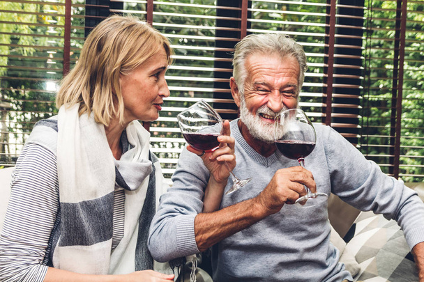 Yaşlı çift rahatça konuşuyor ve birlikte şarap içiyor. Oturma odasındaki kanepede. Emeklilik çifti konsepti. - Fotoğraf, Görsel