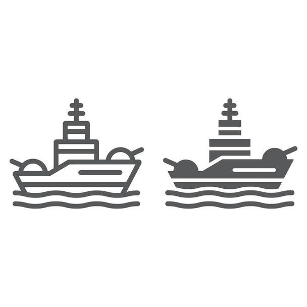 Linha de batalha e ícone de glifo, marinha e exército, sinal de navio de guerra, gráficos vetoriais, um padrão linear em um fundo branco
. - Vetor, Imagem