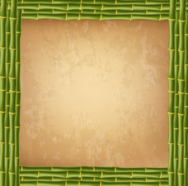  hölzerner quadratischer Rahmen aus grünen Bambusstäben mit hochdetailliertem Vintage-Papier-Rohling oder Leinwand. abgenutzte Papyrusschablone, altes grunziges Poster mit Platz für Text. - Foto, Bild
