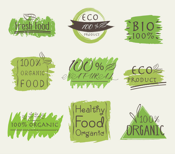 Σύνολο των banner οικολογικό προϊόν, φυσικό, για χορτοφάγους, οργανικά, φρέσκο, υγιεινό φαγητό. Εικονογράφηση διάνυσμα. - Διάνυσμα, εικόνα