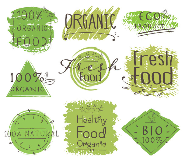 Σύνολο των banner οικολογικό προϊόν, φυσικό, για χορτοφάγους, οργανικά, φρέσκο, υγιεινό φαγητό. Εικονογράφηση διάνυσμα. - Διάνυσμα, εικόνα