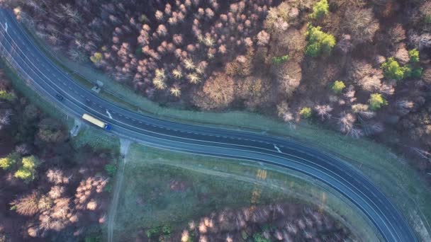 Näkymä liikenteen korkeudelta syksyn metsän ympäröimällä tiellä
 - Materiaali, video