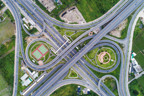 Transport junction traffic green city road aerial view modern road - Photo, Image