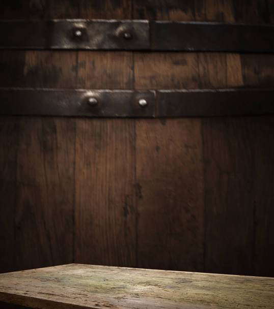 background of barrel and worn old table of wood - Foto, Imagen