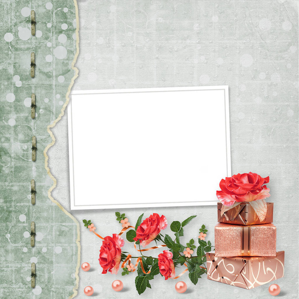 Holiday card with gift boxes, pearls and bouquet of beautiful red roses on green paper background, for congratulation or invitation - Fotografie, Obrázek