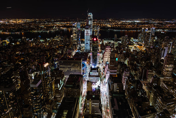 High angle view of the skyline of Manhattan at night - Photo, Image