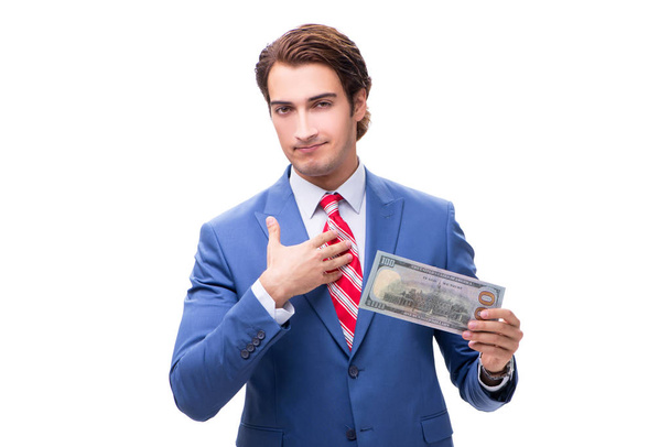 Elegant man with banknote isolated on white - Photo, Image