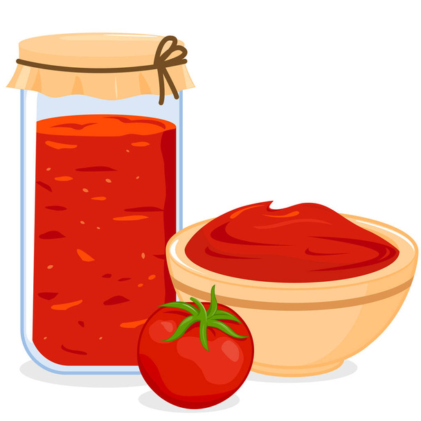 Vektor-Illustration eines Glases gefüllt mit hausgemachter Tomatensauce, einer Schüssel gefüllt mit Tomatensauce und einer Tomate. - Vektor, Bild