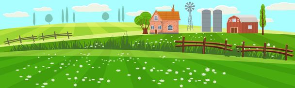 Paisaje de primavera rural con campo agrícola con hierba verde, flores, árboles. Granja con casa, molino de viento y montones de heno. Paisaje de pueblo al aire libre, fondo agrícola. Ilustración vectorial
 - Vector, imagen