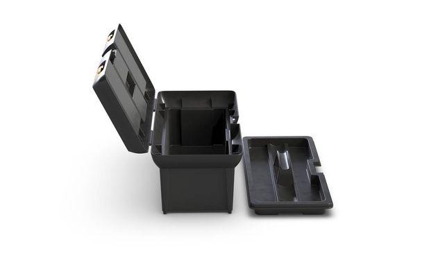 3D-Rendering schwarzer Kunststoff-Werkzeugkiste isoliert auf weißem Hintergrund - Foto, Bild