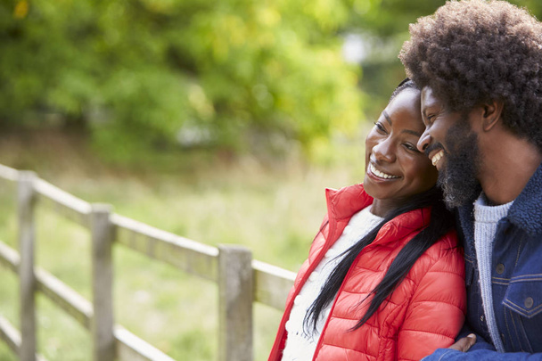 Black adult woman leaning on the shoulder of her boyfriend, standing in the countryside, close up - Foto, Imagem