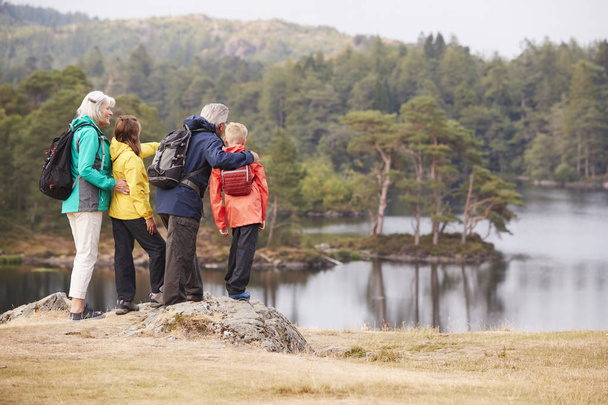 Grandparents and grandchildren standing on a rock admiring the view of a lake, back view, Lake District, UK - Photo, Image