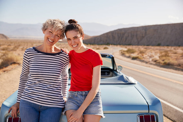 Mum and adult daughter on road trip leaning against the car - Foto, Imagem