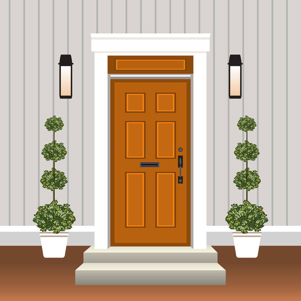 House door front with doorstep and steps, window, lamp, flowers in pot, building entry facade, exterior entrance design illustration vector in flat style - Vector, Image