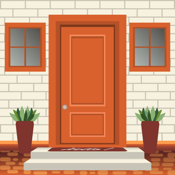 Haustürfront mit Tür und Stufen, Lampe, Blumen in Töpfen, Hauseingangsfassade, Außeneingang mit Ziegelwand-Design Illustrationsvektor im flachen Stil - Vektor, Bild