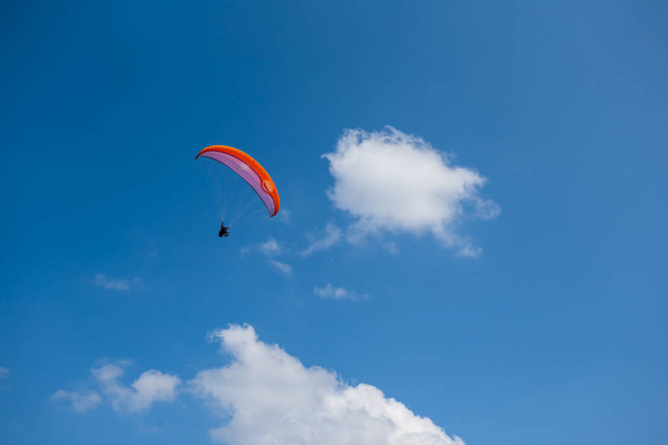 paraglider fly among a blue sky - 写真・画像