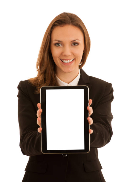 Corporate portrait of young beautiful caucasian business woman surfinh internet on tablet isolated over white background - Foto, afbeelding