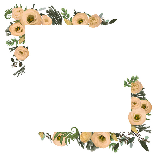 Vector card floral design with eucalyptus, branches boxwood, buxus, brunia, botanical green and flowers eustoma cream. Decorative horizontal frame, square. Cute greeting, postcard template, wedding invit - Wektor, obraz