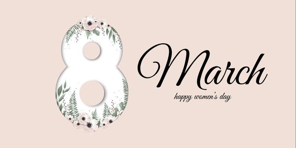 Banner für den internationalen Frauentag. Grußkarte für den 8. März mit Frühlingspflanzen, Blättern und Blumen. - Vektor, Bild